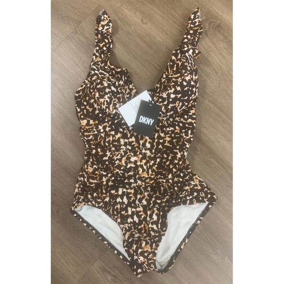 NWT DKNY 6 Ruffle Neck Deep V Tortoise 1P Swimsuit 127168 - Picture 1 of 2